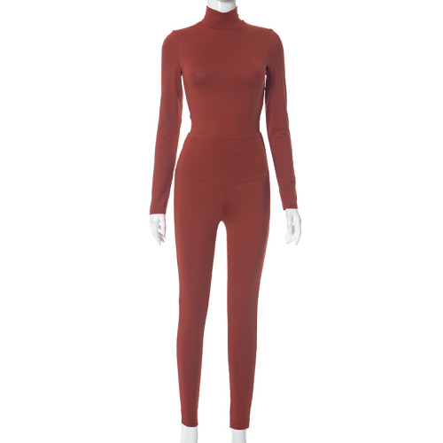 Tight fitting high neck long sleeved top and pants street casual suit