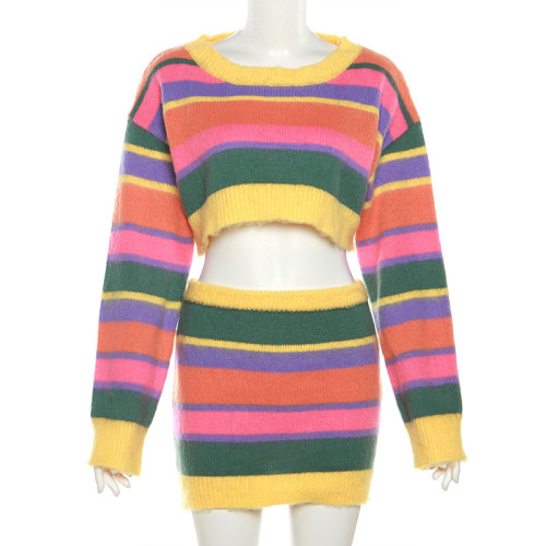 Knitted Long Sleeve Contrast Top High Waist Wrap Hip Short Skirt Set