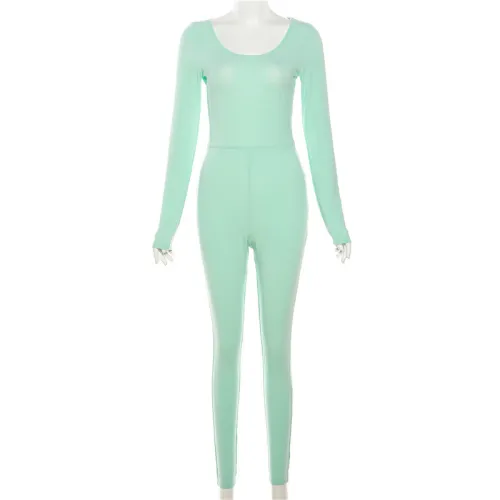 Long sleeved solid color slim fitting high waisted sports jumpsuit