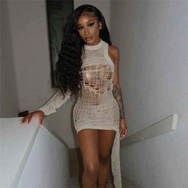 Single sleeved knitted hollow out perspective high waisted slim fitting dress short skirt