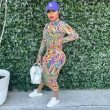 Colorful printed tight fitting long sleeved round neck dress long skirt