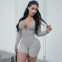 Zipper U-neck long sleeved tight jumpsuit