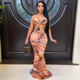 Printed halter strap backless dress
