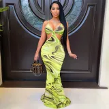 Printed halter strap backless dress