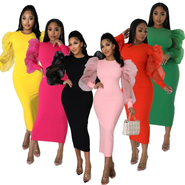 Women's Fashion Mesh Bubble Sleeves Elegant Slim Fit Sexy Dress