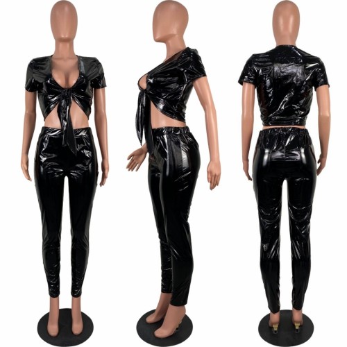 Slim Fit Sexy Mirror PU Leather Pants Set Two Piece Set
