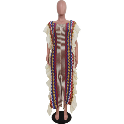 Women's ruffled knit striped split long skirt