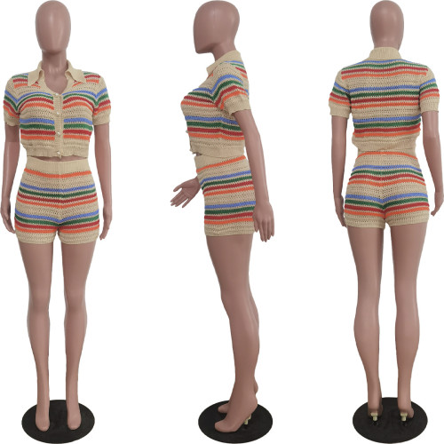 Casual colorful striped knitted shorts set