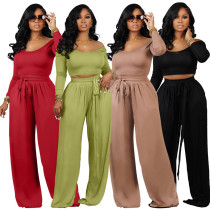 Women's solid color knitted lace up wide leg women's two-piece set