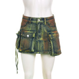 Tie-dyed and worn irregular pocket patchwork denim skirt