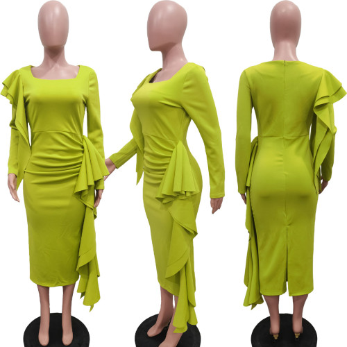 Solid square neckline pleated long sleeved dress