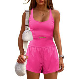 Women's short sleeved yoga shorts with hollowed out cross back vest jumpsuit