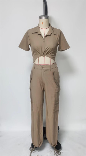 Short sleeved shirt, work bag, long pants, casual two-piece set