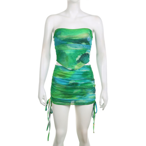 Tie dyed bra irregular top+pleated lace up wrap buttocks skirt set