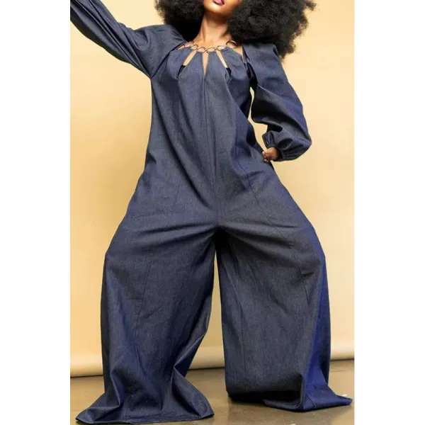 Imitation denim wide leg jumpsuit