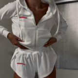 Women's embroidered sweater, hooded zippered cardigan top, elastic high waisted shorts, casual set