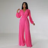V-neck pleated fabric long sleeved waist wide leg pants jumpsuit