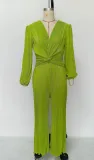 V-neck pleated fabric long sleeved waist wide leg pants jumpsuit
