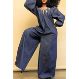 Imitation denim wide leg jumpsuit