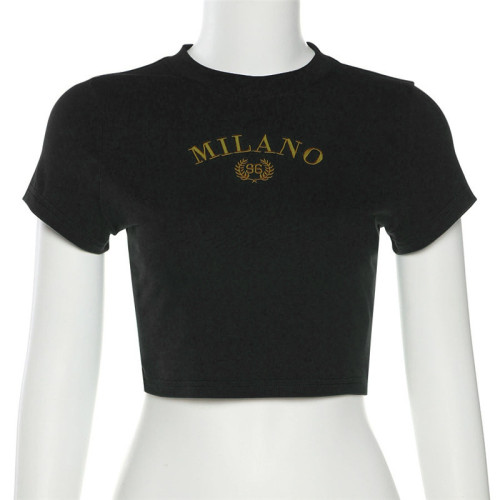 Skinny Embroidered T-shirt with Open Umbilical Letter