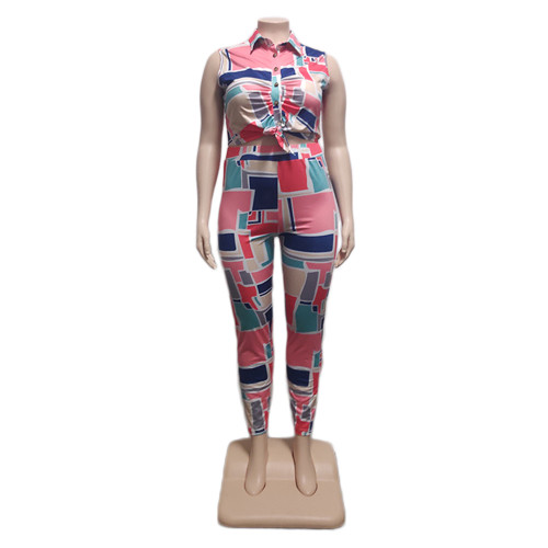 Large Color Graphic Printing Slim Fit Two Piece Set