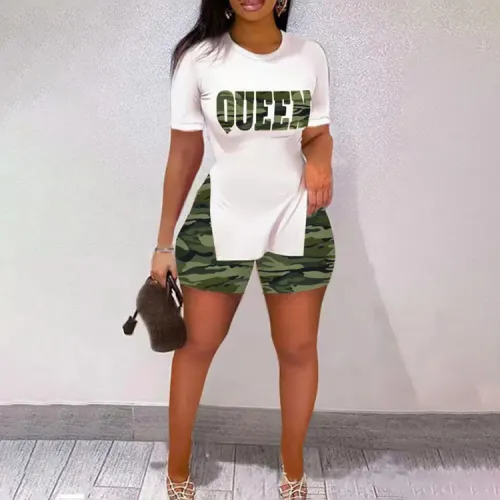 Casual Set Slim Fit Side Waist Split Top+Camo Shorts