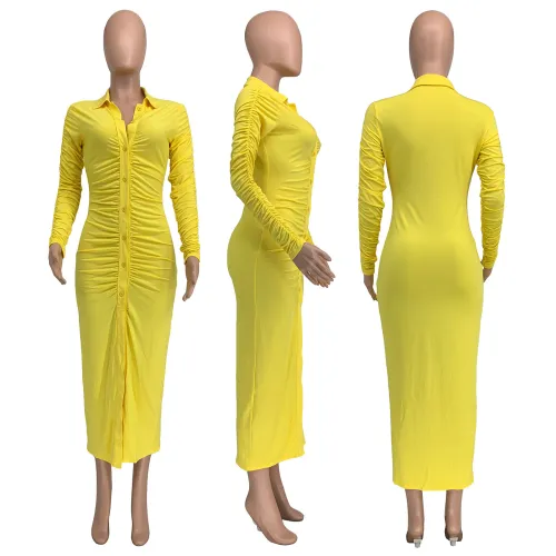 Pleated Solid Color Long Dress