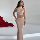 Sexy Slim Fit Pleated Open Back Top Half Skirt Set