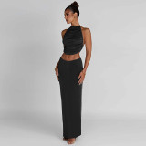 Sexy Slim Fit Pleated Open Back Top Half Skirt Set