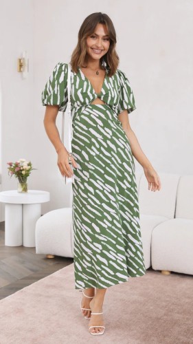 Printed V-neck A-line mid length dress