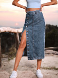 Irregular split button denim high waisted half length skirt