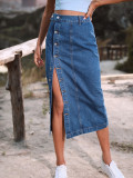 Irregular split button denim high waisted half length skirt