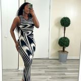Black and white striped gradient sexy slim fitting waist wrap buttocks tight fitting dress