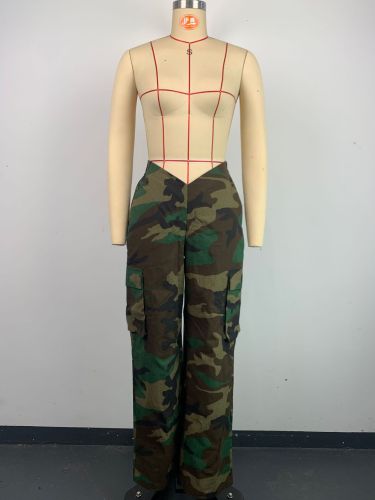 Low rise rubber band multi pocket camouflage pants
