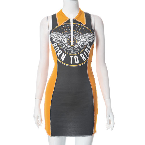 Color blocking letter printed sleeveless lapel zippered casual dress