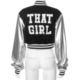 Long sleeved PU leather slim fitting baseball jacket with button exposed navel
