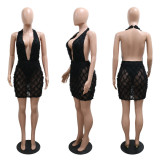 Wave pattern sexy deep V neck short wrap buttocks dress