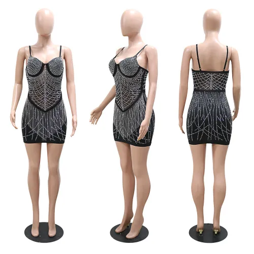 Hanging Strap Hot Diamond Tassel Wrapped Hip A-line Dress