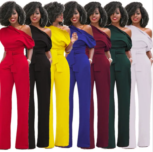 Classic solid color diagonal collar button one piece wide leg pants