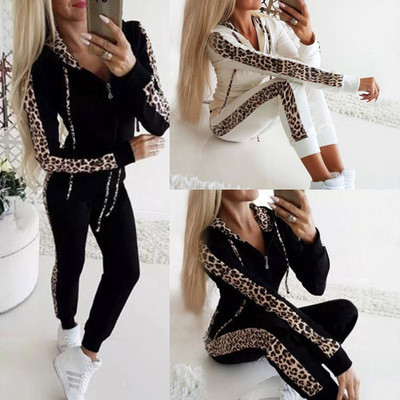 Leopard print long sleeved printed zippered sweater pants set