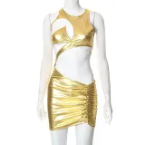 Open navel pleated irregular strap dress