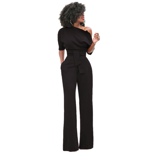 Classic solid color diagonal collar button one piece wide leg pants