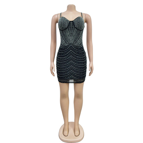 Solid color mesh hot diamond strap short skirt dress