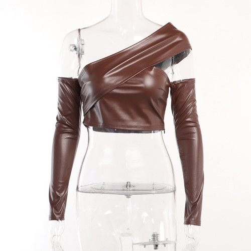 Pleated faux leather open navel top