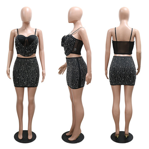 Hanging strap short top with wrap buttocks skirt and hot diamond two-piece set