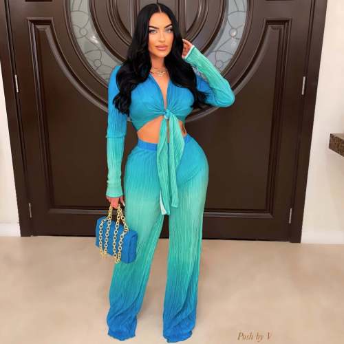 Gradient deep V long sleeved pants two-piece set