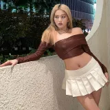 Pleated faux leather open navel top