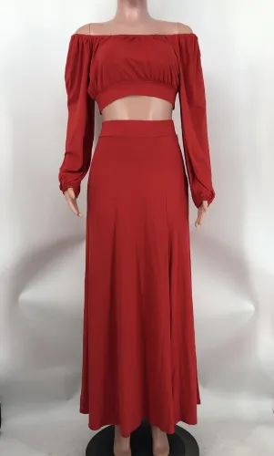 Off shoulder small lantern sleeve split skirt two-piece set