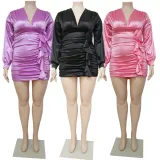 Women's solid color pleated sexy buttocks wrapped large dress