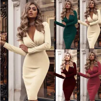Deep V-pleated buttocks wrapped spring and autumn long sleeved bottom long skirt
